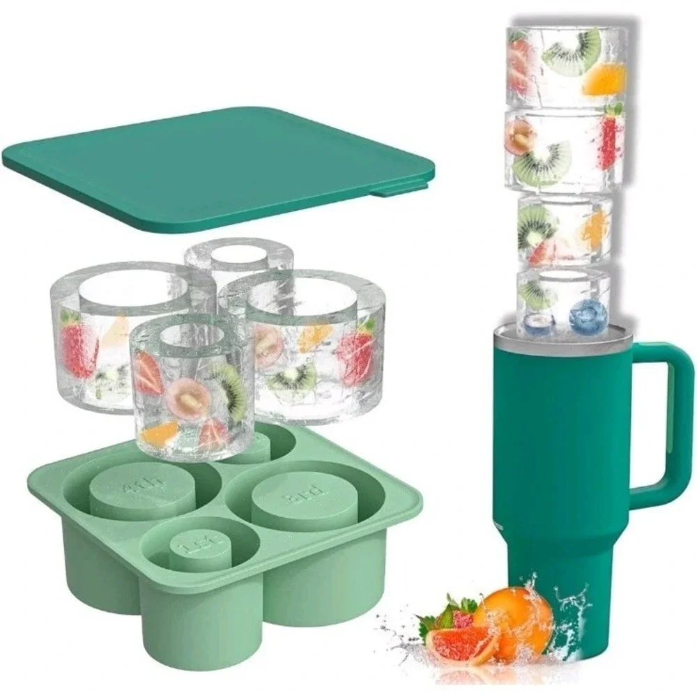 Stanley Tumbler Silicone Cylinder Large Ice Cube Mold Tray Set, 4 Hole, Green